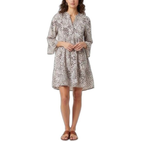 Lola Australia Ivory Brown Leopard Print V-Neck 3/4 Sleeve Tiered Dress Size M - Picture 1 of 12